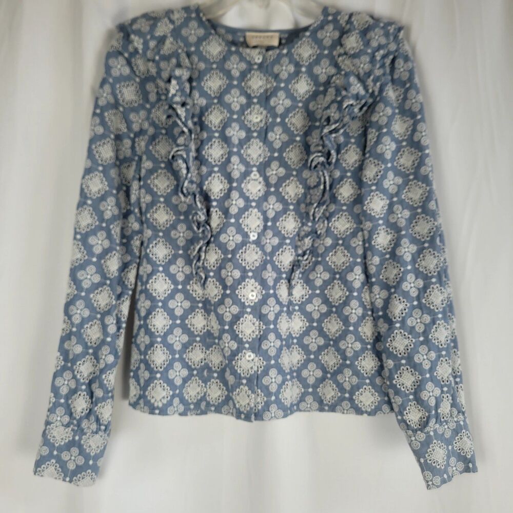 Sezane Boby Blouse Womens Size US 6 EU 38 Eyelet Chambray Blue White